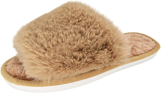 Women's Fuzzy Fur Open Toe Flat Slippers with Memory Foam - Soft Indoor/Outdoor Sandals for Comfort