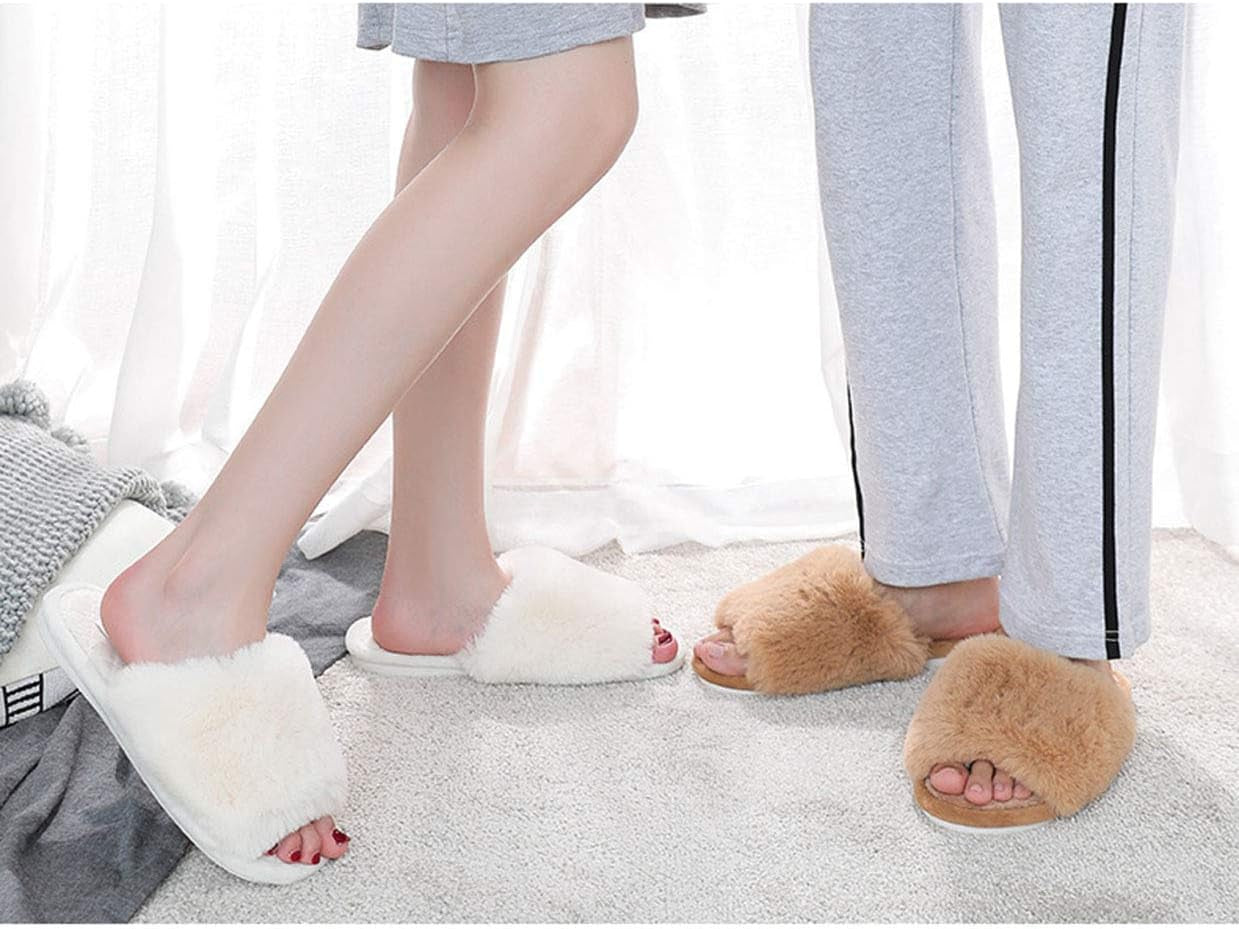 Women's Fuzzy Fur Open Toe Flat Slippers with Memory Foam - Soft Indoor/Outdoor Sandals for Comfort