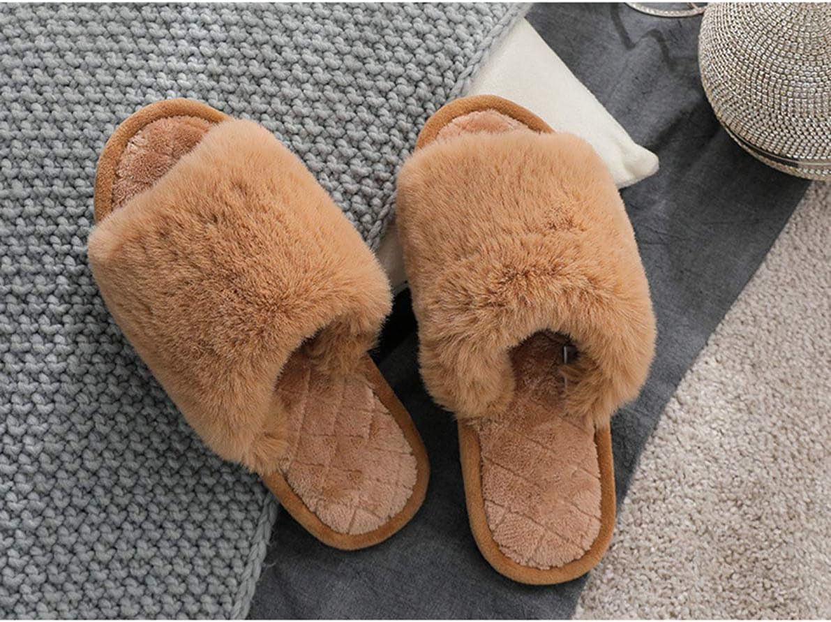 Women's Fuzzy Fur Open Toe Flat Slippers with Memory Foam - Soft Indoor/Outdoor Sandals for Comfort