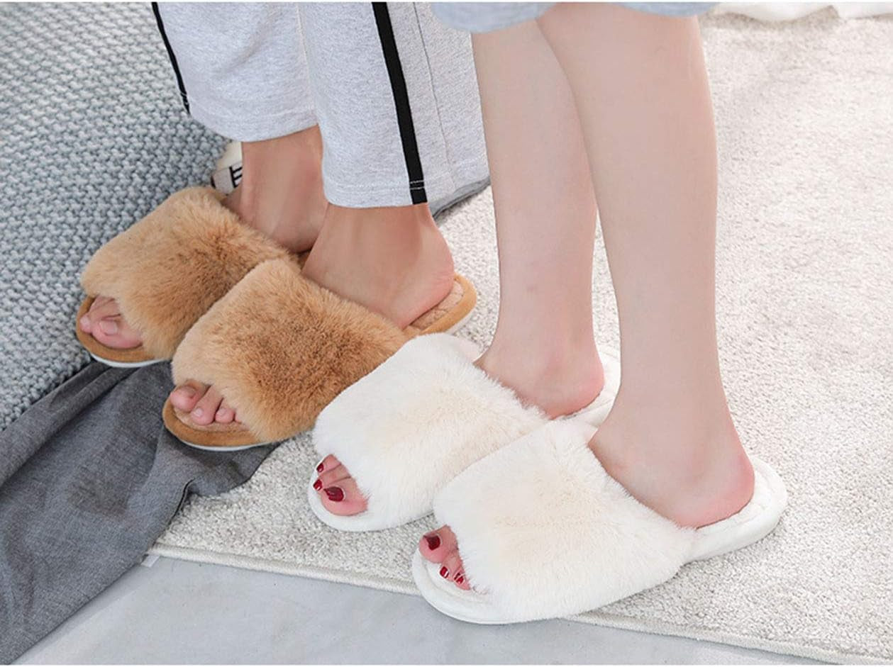 Women's Fuzzy Fur Open Toe Flat Slippers with Memory Foam - Soft Indoor/Outdoor Sandals for Comfort