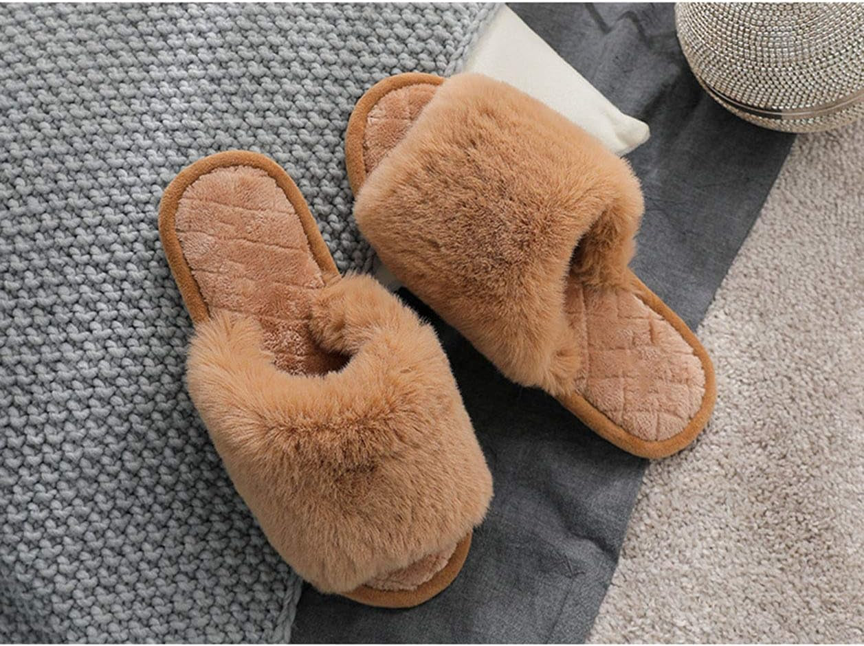 Women's Fuzzy Fur Open Toe Flat Slippers with Memory Foam - Soft Indoor/Outdoor Sandals for Comfort